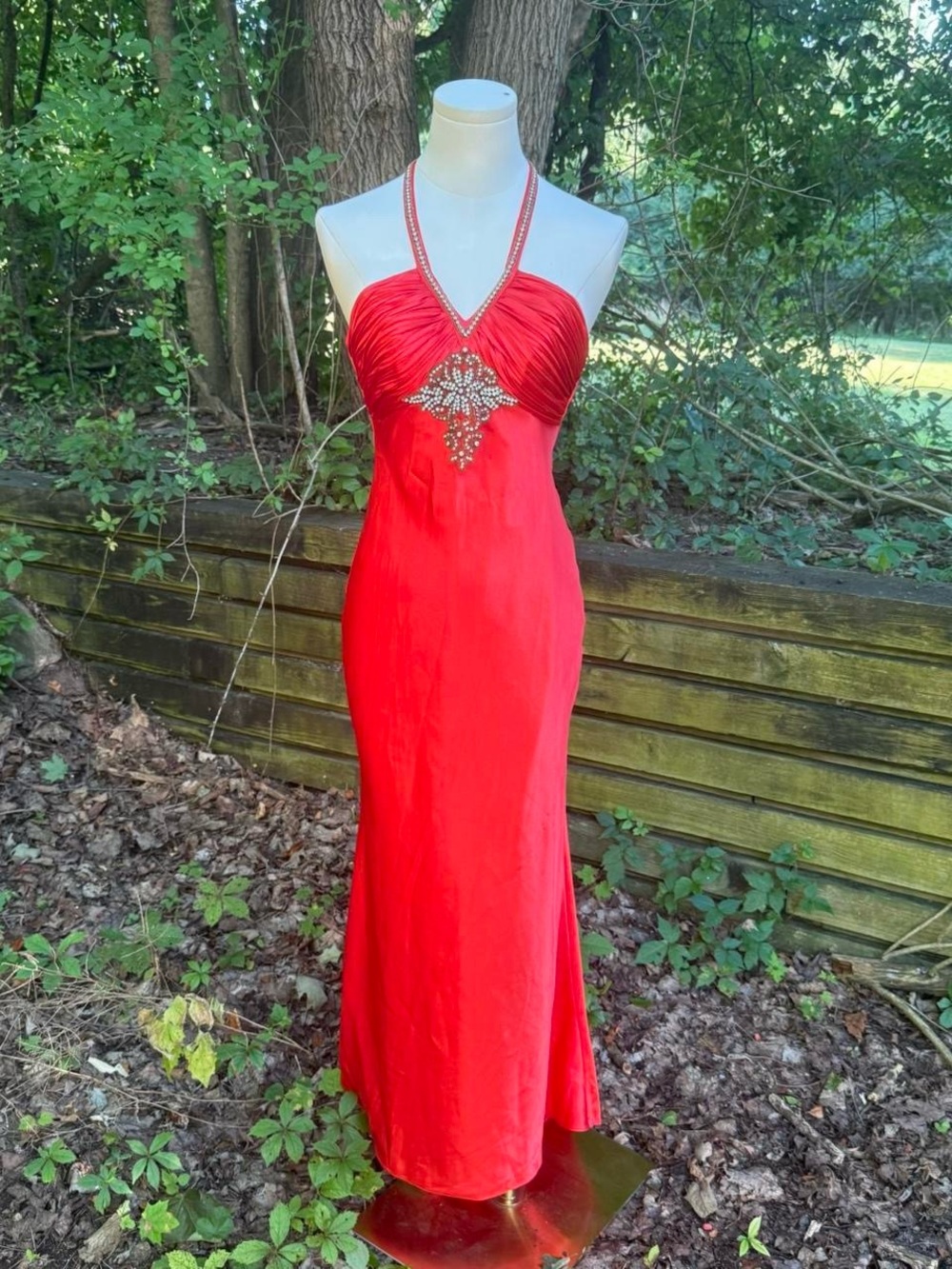 Red Halter Evening Gown with Rhinestone Accent